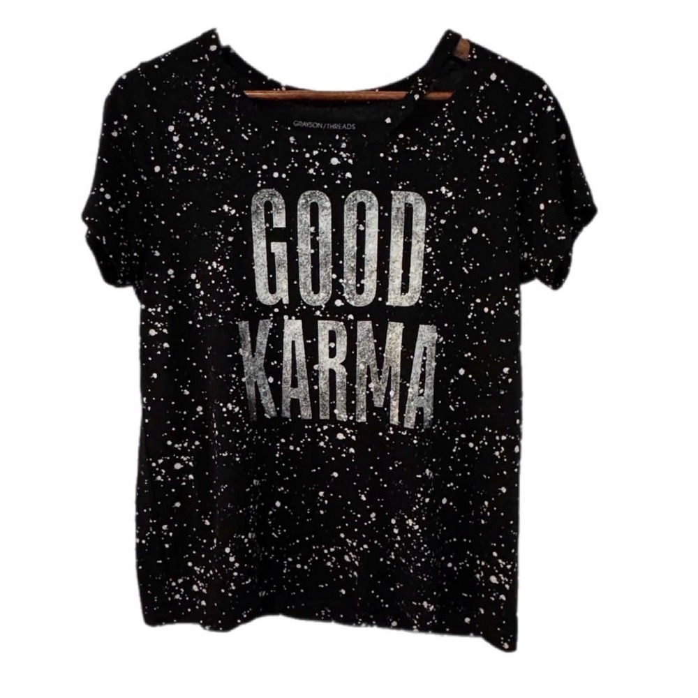 Graysonâ Threads T-Shirt Womens Large Black Excellent Good Karma Splatter Cutout